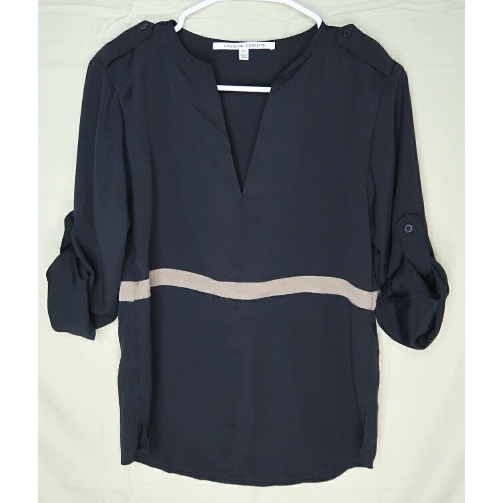 Collective Concepts Black Tunic Top V Neck Semi Sheer Roll Tab Sleeve Womens XS